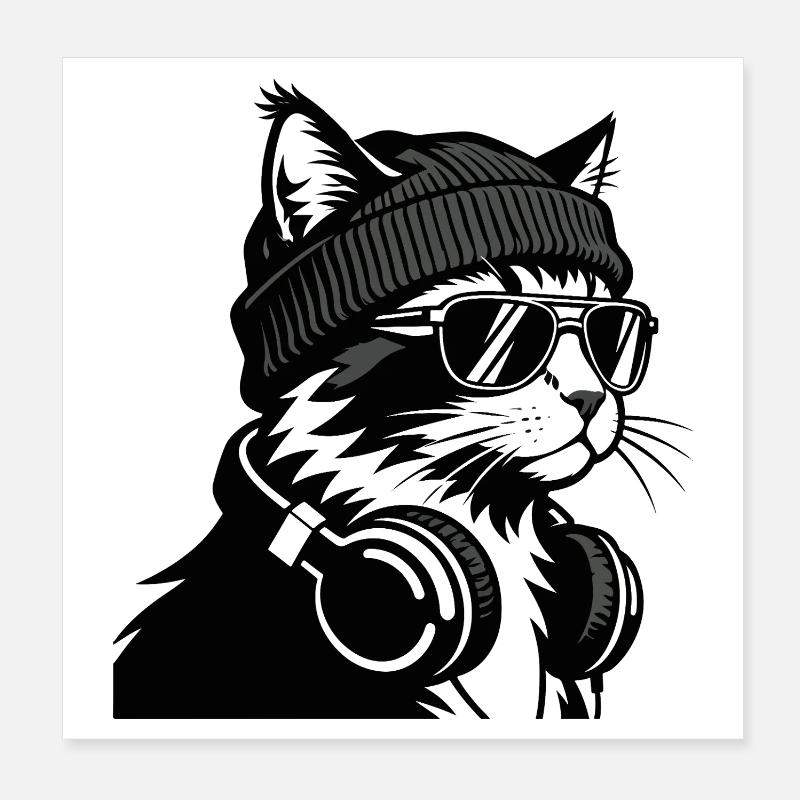 Cat Beat avec chapeau et casque Poster 20 x 20 cm