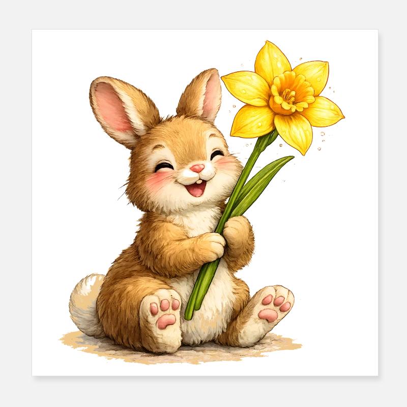 Lapin à la fleur jaune de printemps Poster 20 x 20 cm