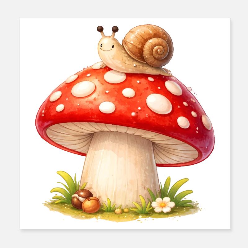 Champignon avec motif d’escargot mignon de forêt Poster 20 x 20 cm