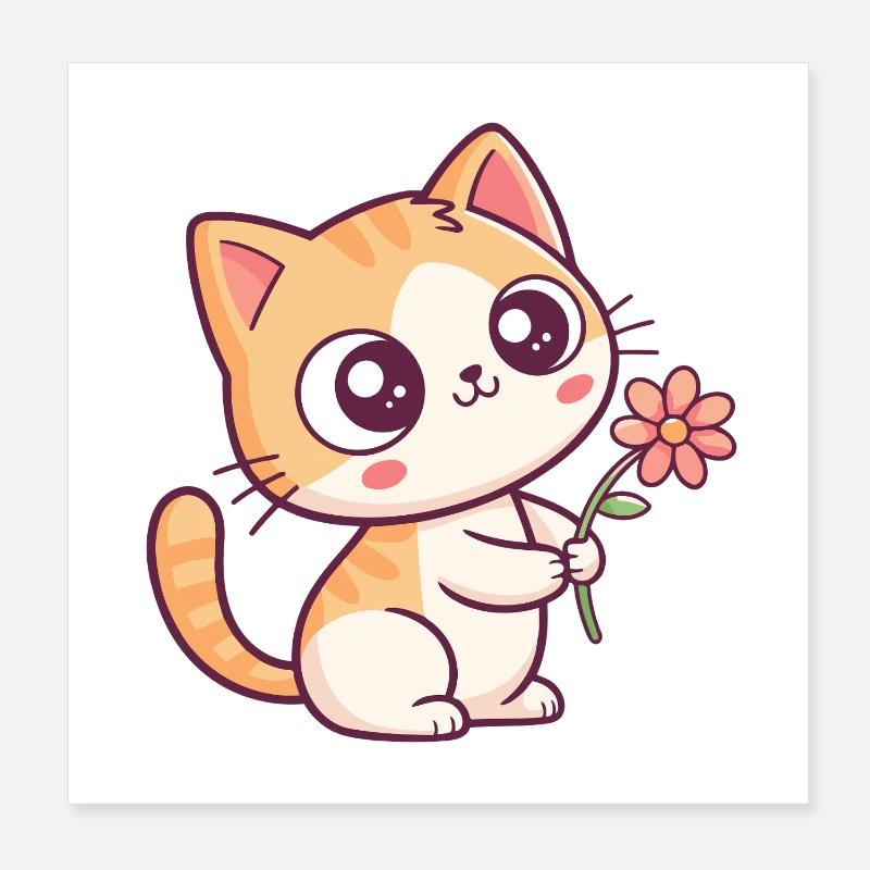 Chaton Kawaii et Fleur Poster 20 x 20 cm