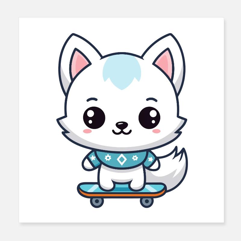 Petit Renard Skateboard Bleu Poster 20 x 20 cm