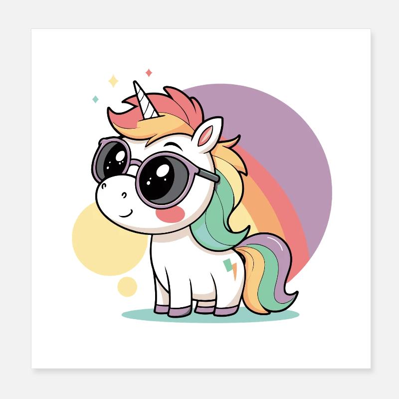 Pastell-Einhorn in Brille und Regenbogen Poster 20x20 cm