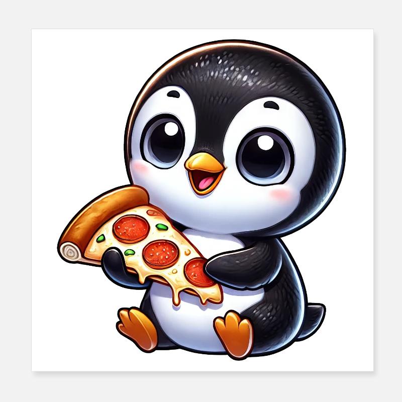 Adoration de pizza dessin animé pingouin mignon Poster 20 x 20 cm