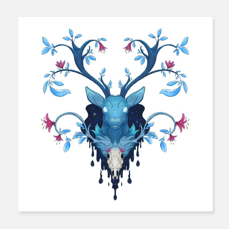 Blue Ink Spirits - Cerf Nocturne aux Bois Fleuris Poster 20 x 20 cm