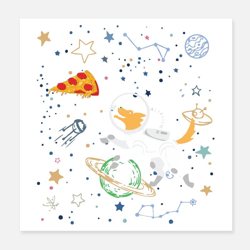 Astronaute de dessin animé avec l’espace et la pizza Poster 20 x 20 cm