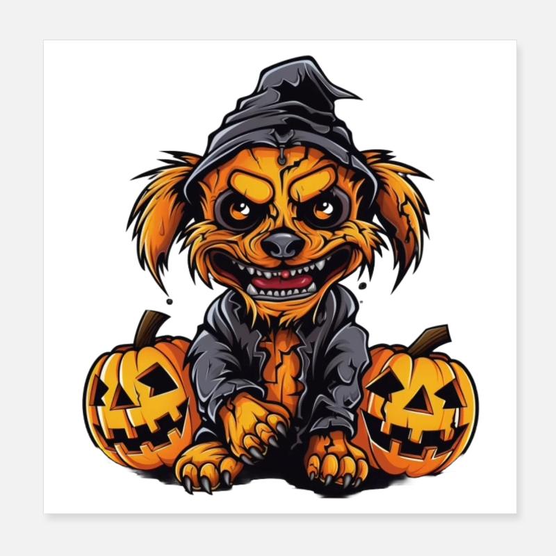 Chien d’Halloween effrayant avec des citrouilles Poster 20 x 20 cm