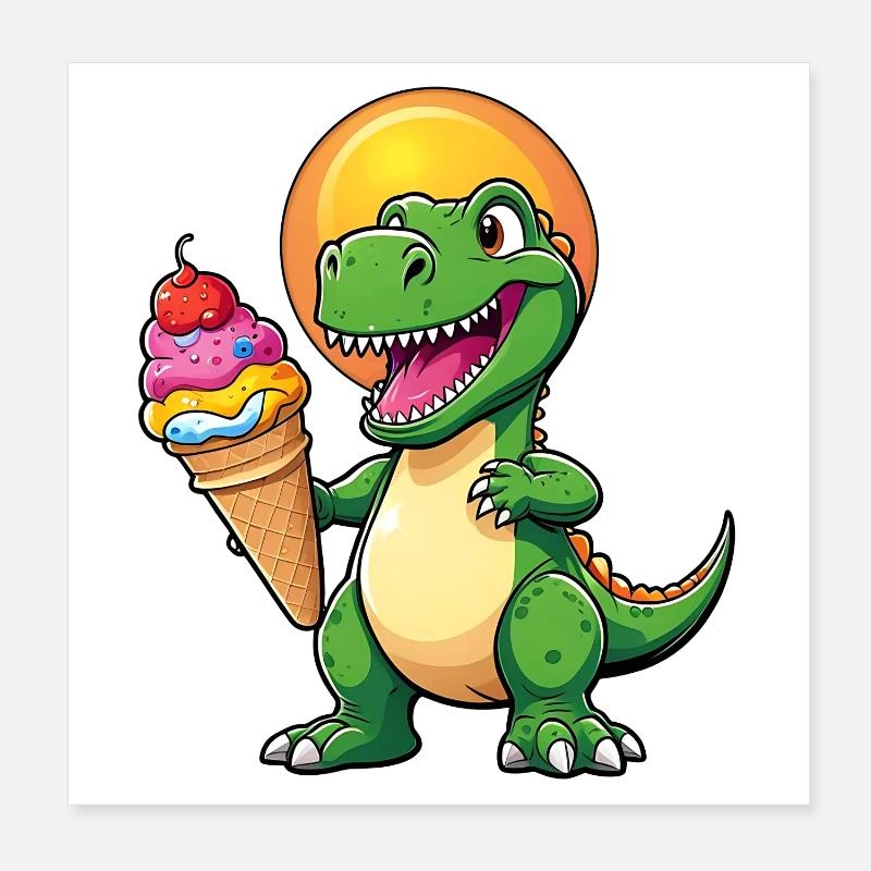 Drôle de dinosaure avec un grand cornet de crème glacée coloré Poster 20 x 20 cm