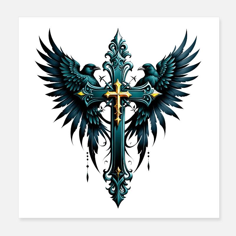Gothic cross with decorative elements and birds. Poster 8" x 8" (20x20 cm)