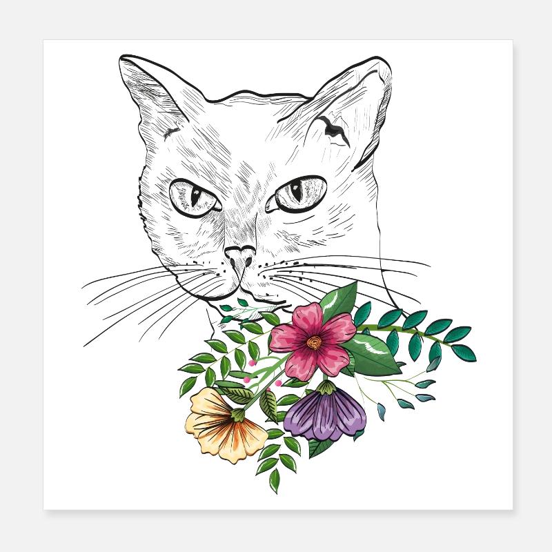 Chat avec bouquet de fleurs Poster 20 x 20 cm