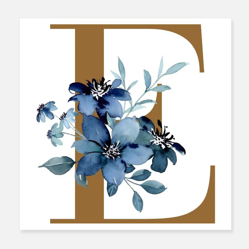 E floral – Lettre dorée avec des fleurs Poster 20 x 20 cm
