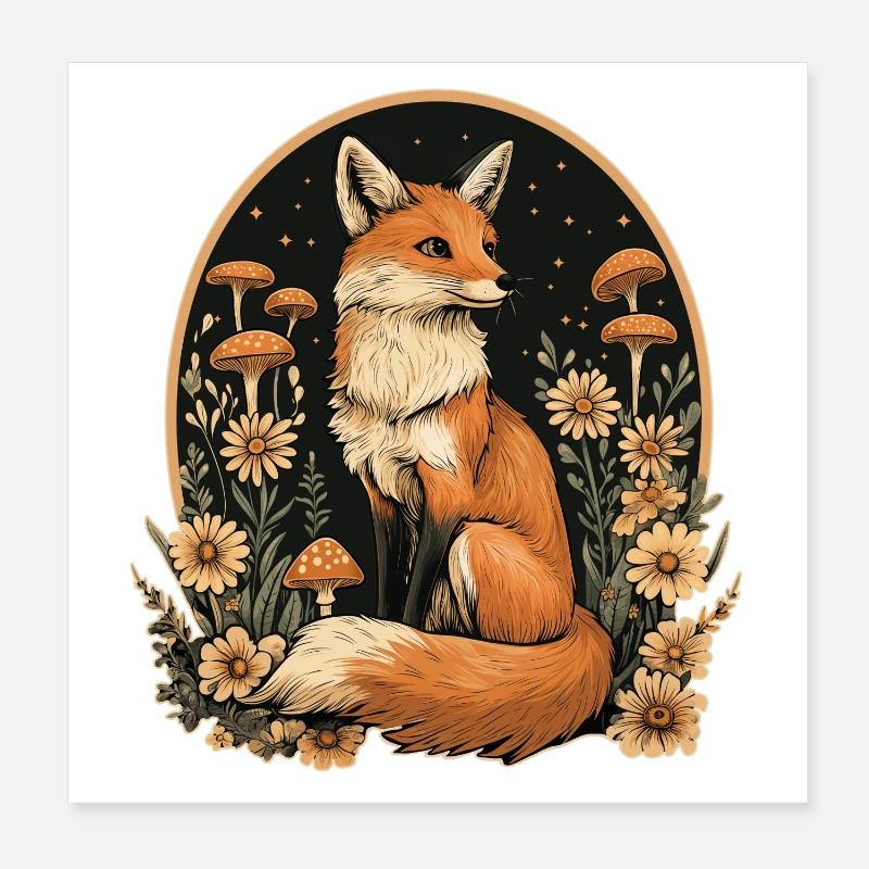 Fuchs Wald Pilze Poster 20x20 cm