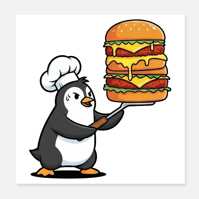 Pingouin mignon transpirant avec des grillades de barbecue de hamburger Poster 20 x 20 cm