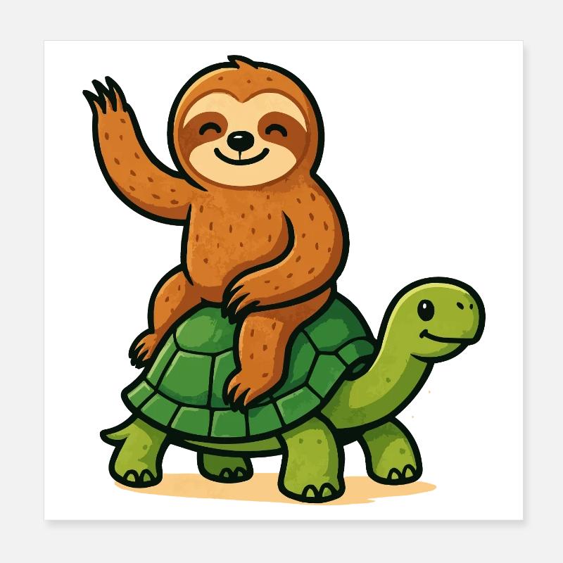 Funny sloth on turtle Poster 8" x 8" (20x20 cm)