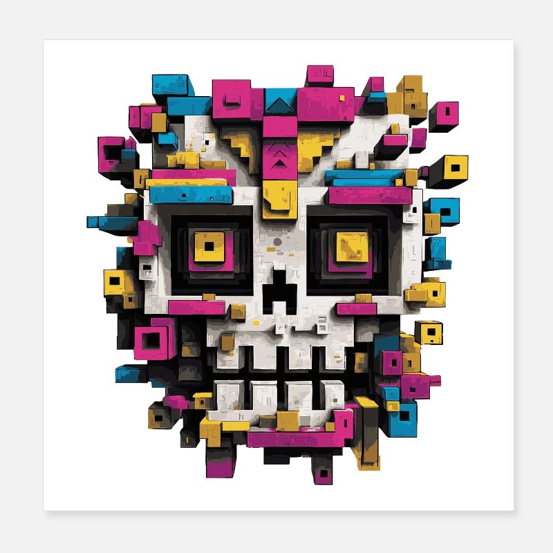 Geometrischer Schädel – bunte Pixel Art Poster 20x20 cm