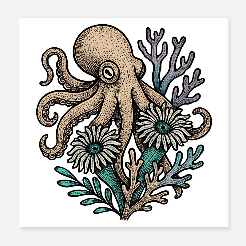 Unterwasser Octopus mit Blumen Poster 20x20 cm