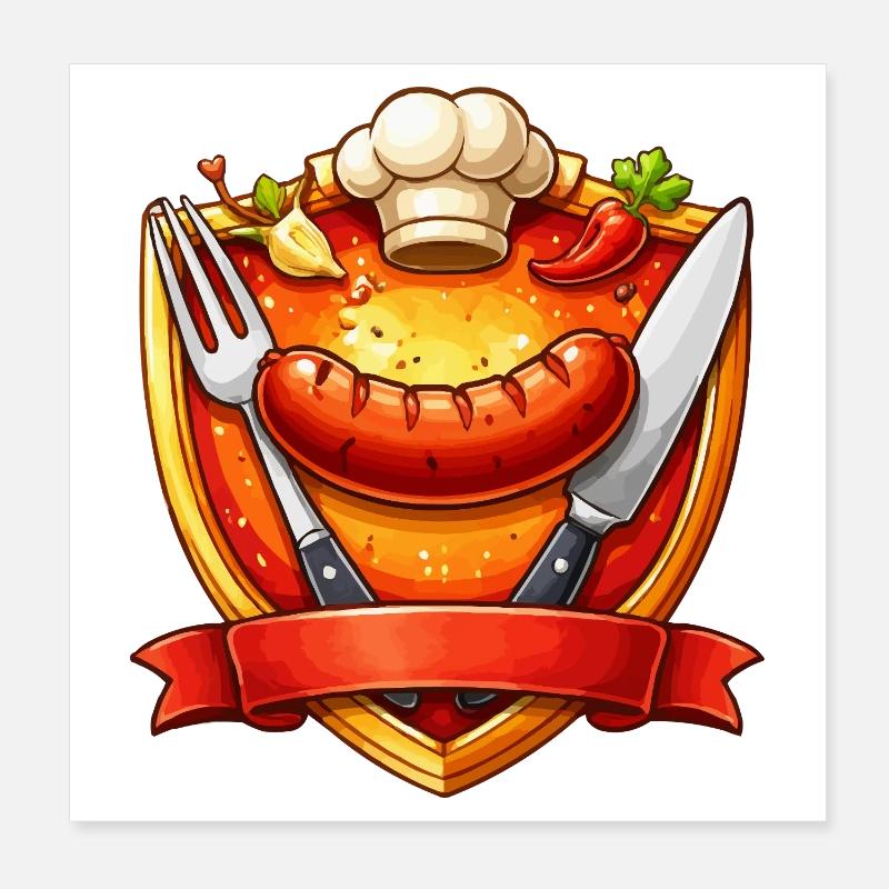 Gegrillte Wurst auf rotem Teller Schild Poster 20x20 cm