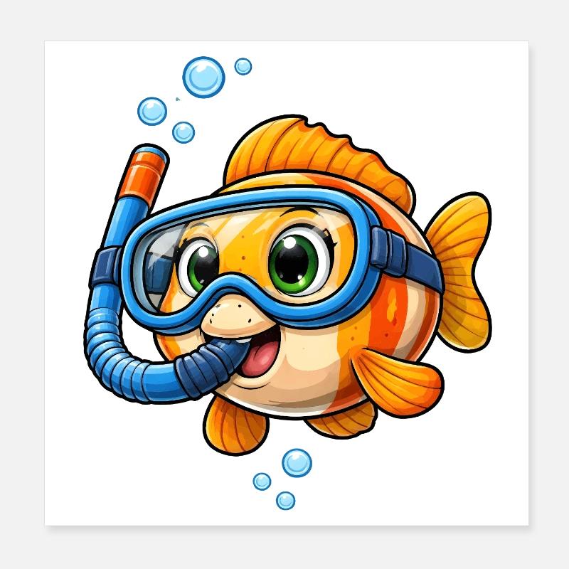Dessin animé de poissons mignons avec plongée en apnéa Poster 20 x 20 cm
