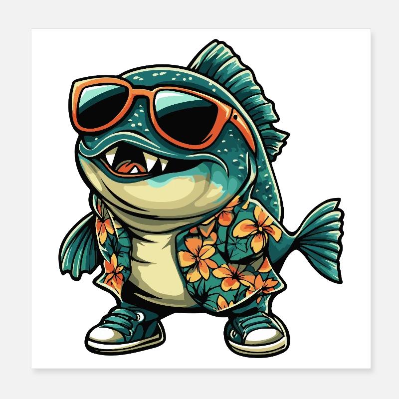 Piranha Fish Comic Vacation Poster 8" x 8" (20x20 cm)