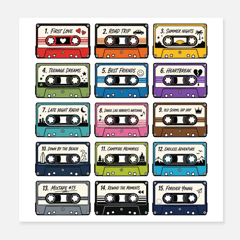 Collection de Cassettes Audio Rétro Poster 20 x 20 cm