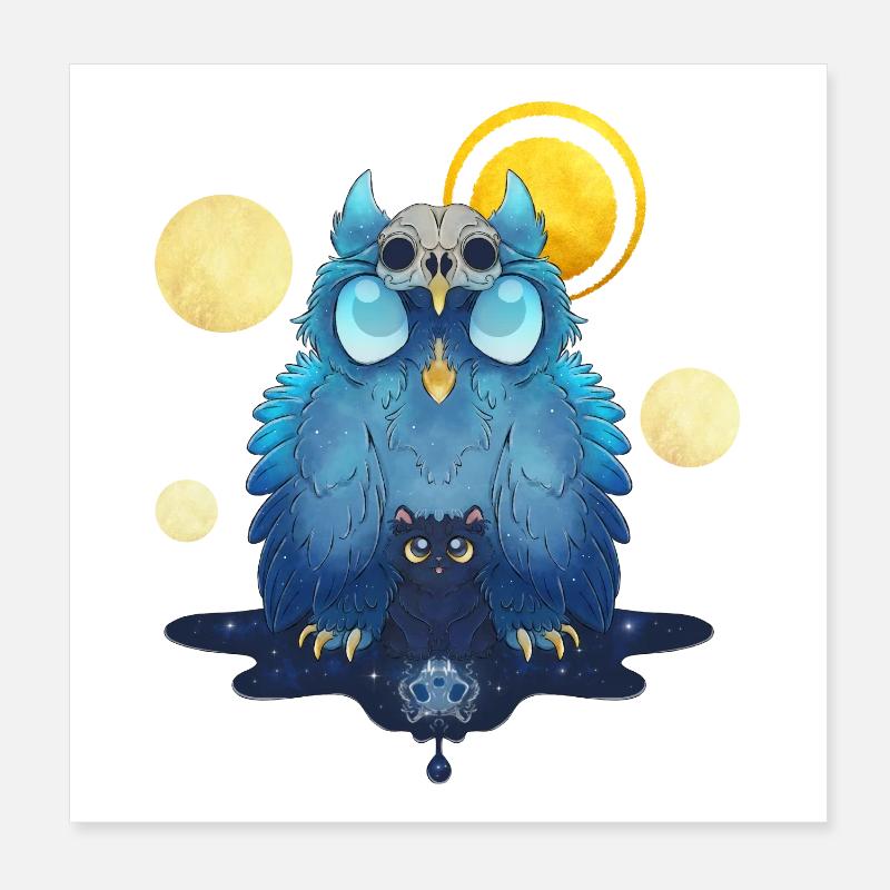 Blue Ink Spirits - Guardian Owl and Black Kitten Poster 8" x 8" (20x20 cm)