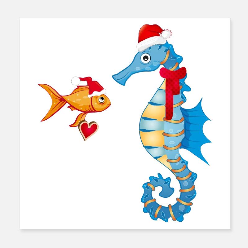 Fisch und Seepferdchen in Weihnachtsstimmung Poster 20x20 cm