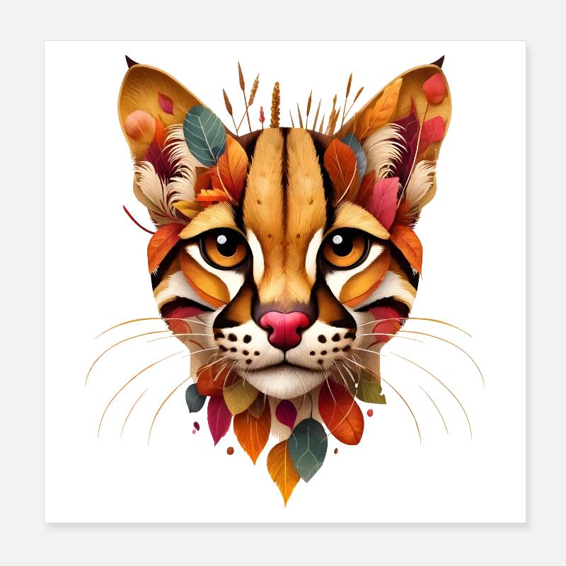 Wildcat Ocelot, designed from colourful leaves Poster 8" x 8" (20x20 cm)