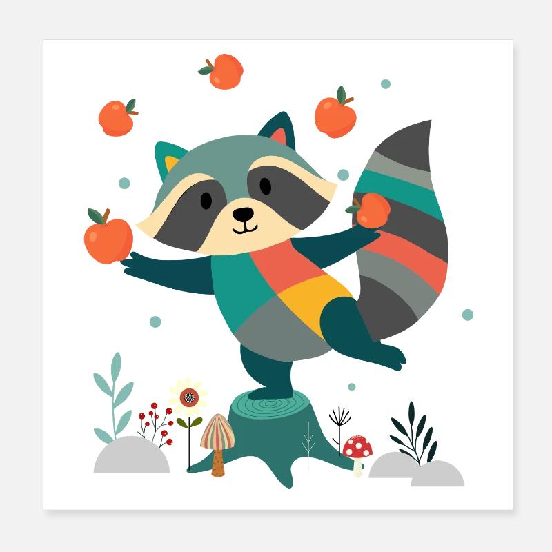 Raton laveur joueur jonglant joyeusement avec des pommes Poster 20 x 20 cm