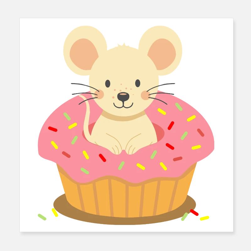 Mouse sitting in a pink cupcake with sprinkles Poster 8" x 8" (20x20 cm)