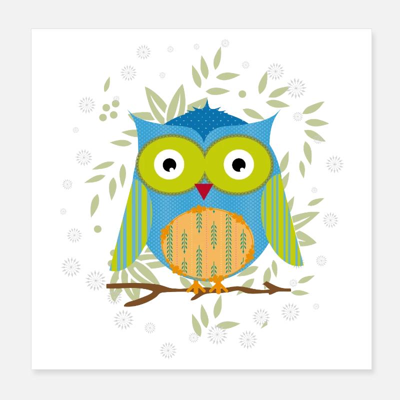 Stilvolle Patchwork-Eule auf Ast im Blättermeer Poster 20x20 cm