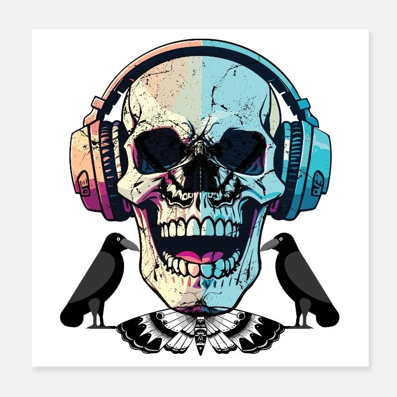 Crâne dans un casque – Vibrations musicales sombres Poster 20 x 20 cm