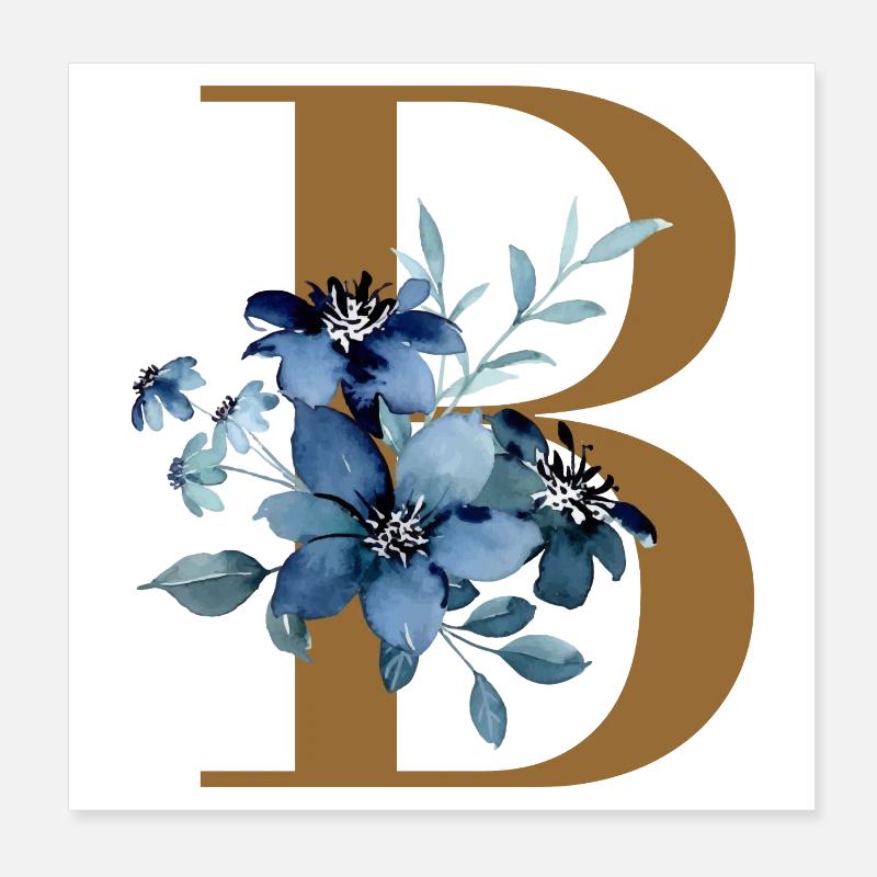 Floral B – Lettre dorée avec des fleurs Poster 20 x 20 cm