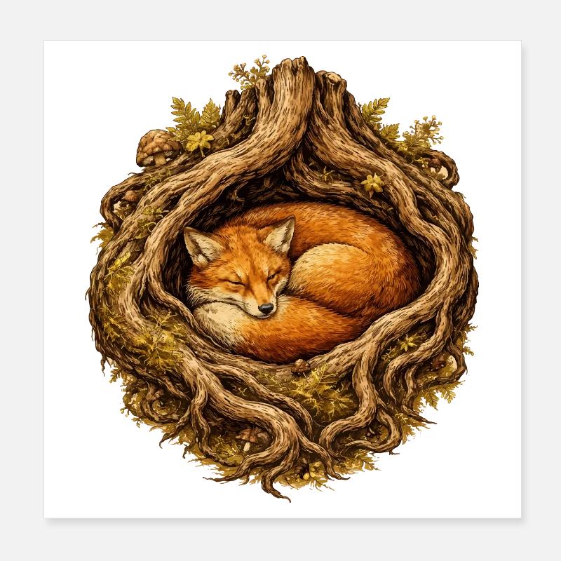 Sleeping fox in the root structure – forest motif Poster 8" x 8" (20x20 cm)