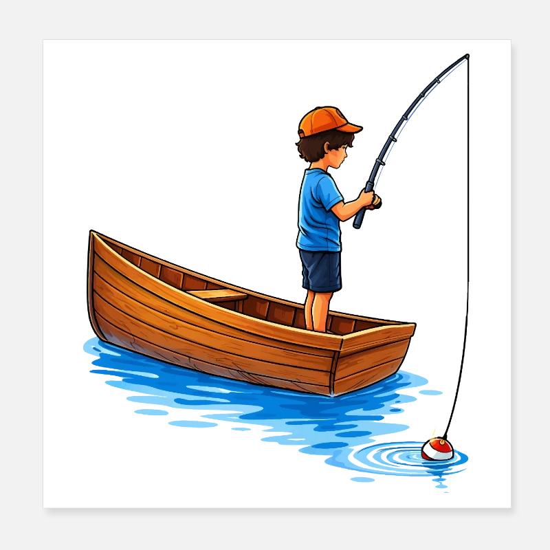 Illustration de garçon pêchant en bateau Poster 20 x 20 cm