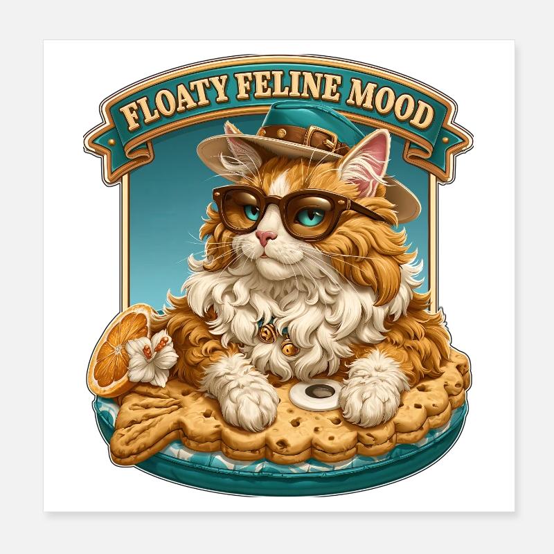 Floaty Feline Mood Cool Cat on Summer Pool Float Poster 8" x 8" (20x20 cm)
