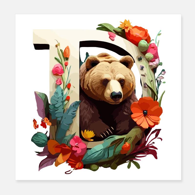 Bär Illustration mit blumigem Bilderrahmen Poster 20x20 cm