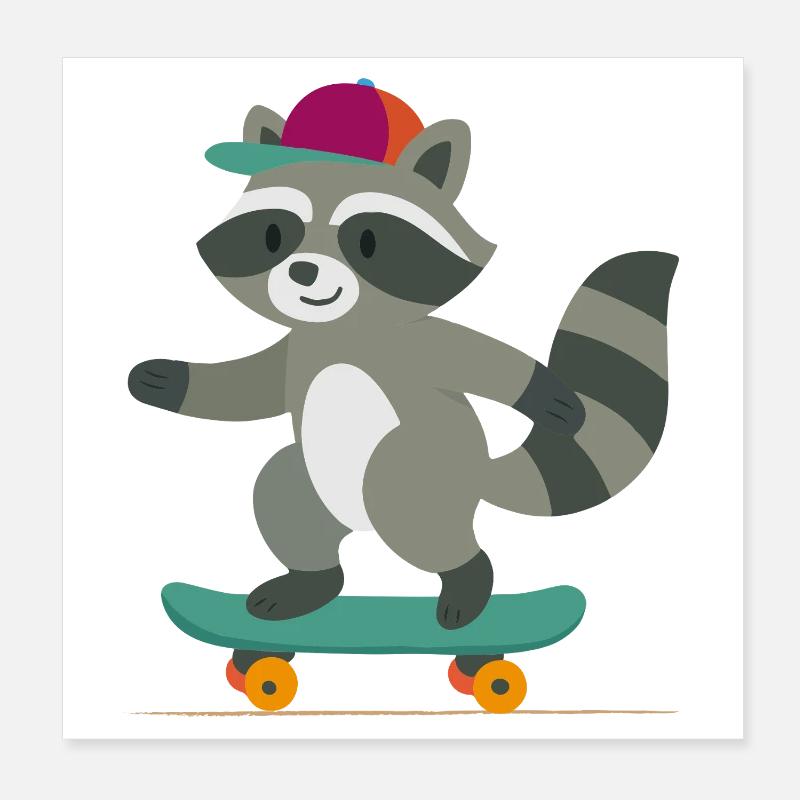 Skateboard-Waschbär mit Basecap Poster 20x20 cm