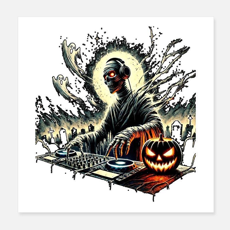 Halloween DJ Totenkopf mit Kürbis Poster 20x20 cm