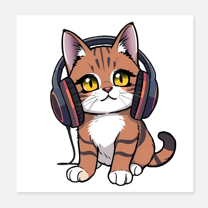Katze mit Kopfhörer Poster 20x20 cm