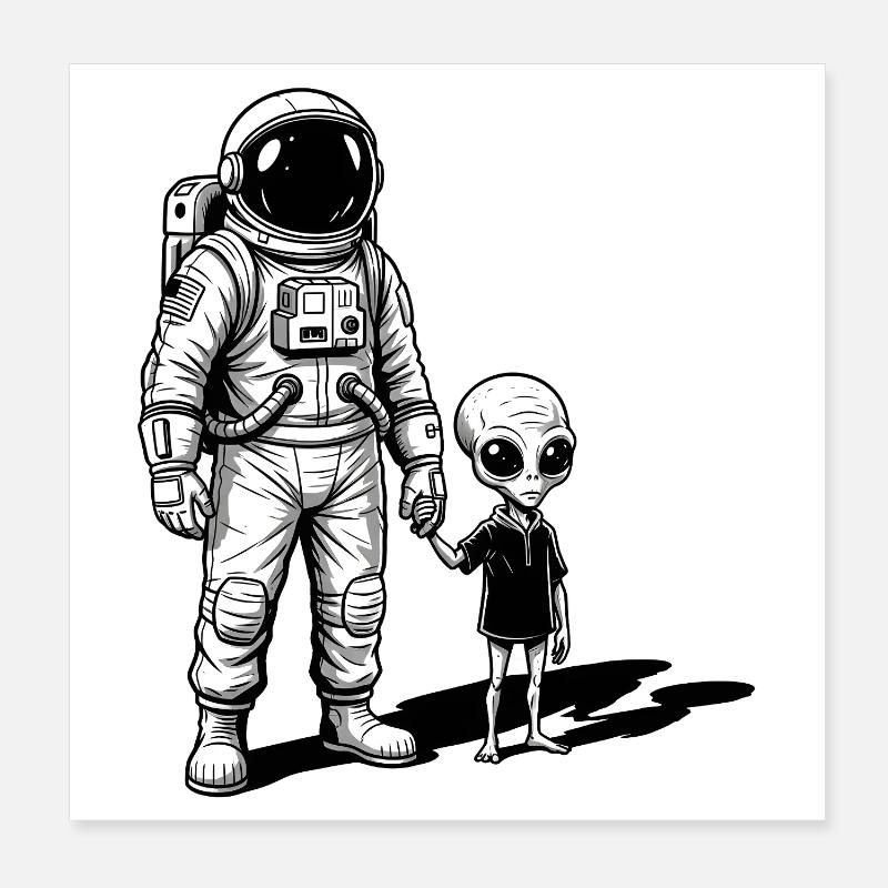 Astronaute et extraterrestre main dans la main Poster 20 x 20 cm