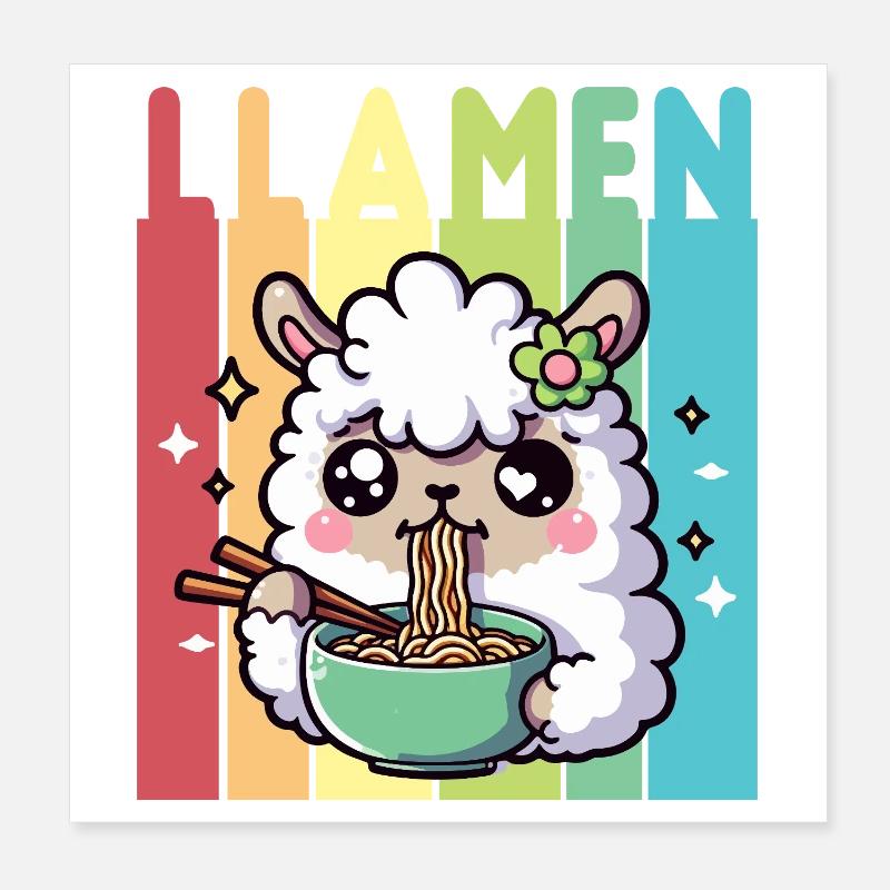 Kawaii Regenbogen Nudel Esser Lama Poster 20x20 cm