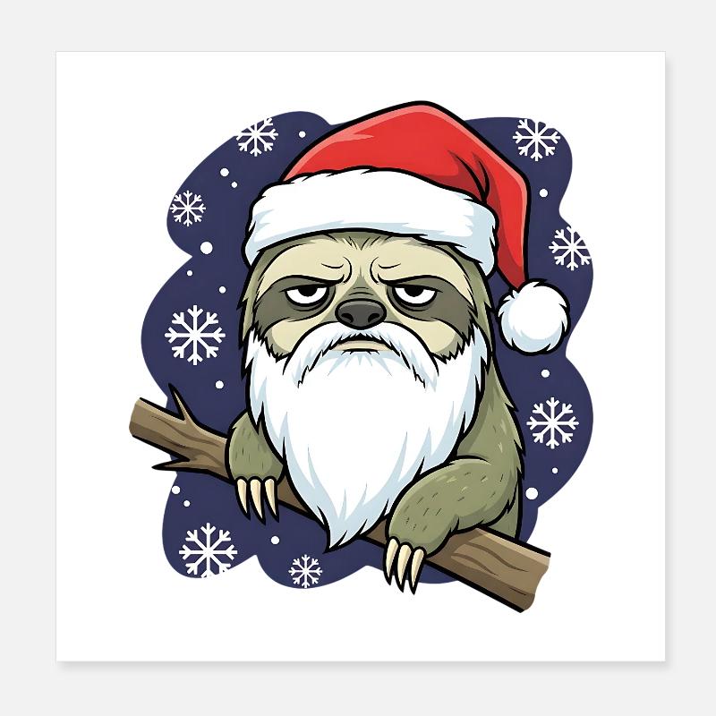 Funny Christmas Sloth Santa Grumpy Poster 8" x 8" (20x20 cm)