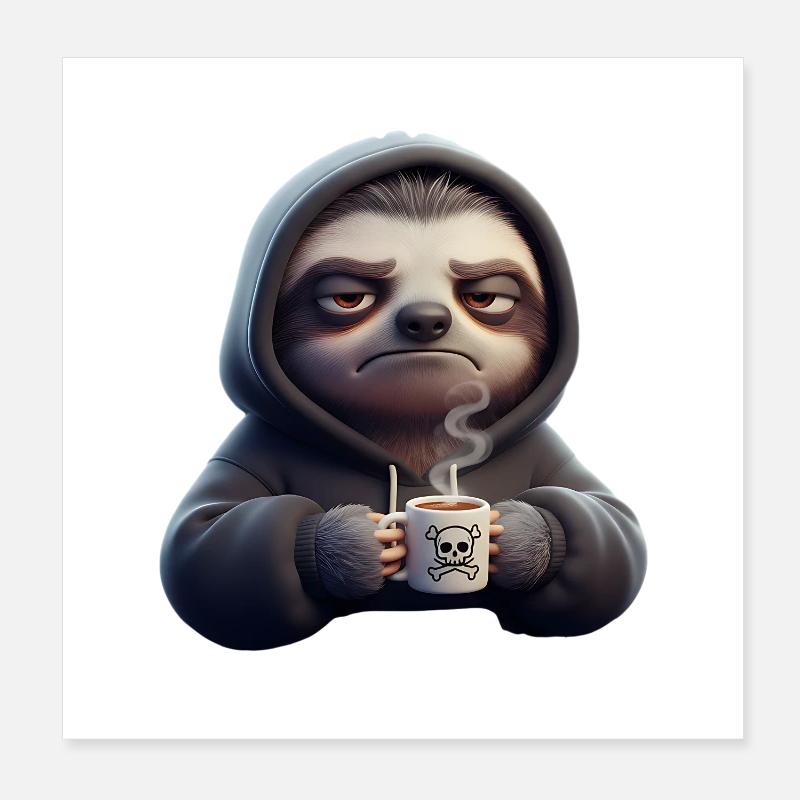 Bad mood sloth with coffee morning grouch Poster 8" x 8" (20x20 cm)