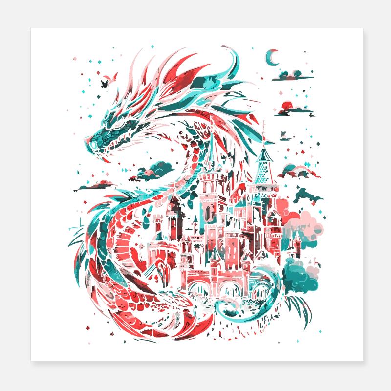 Dragon Castle Fantasy Magic Mythology Creature Poster 8" x 8" (20x20 cm)