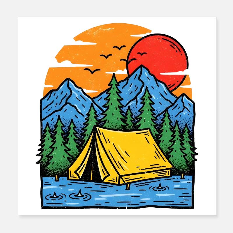Camping am Bergsee Abendrot Poster 20x20 cm