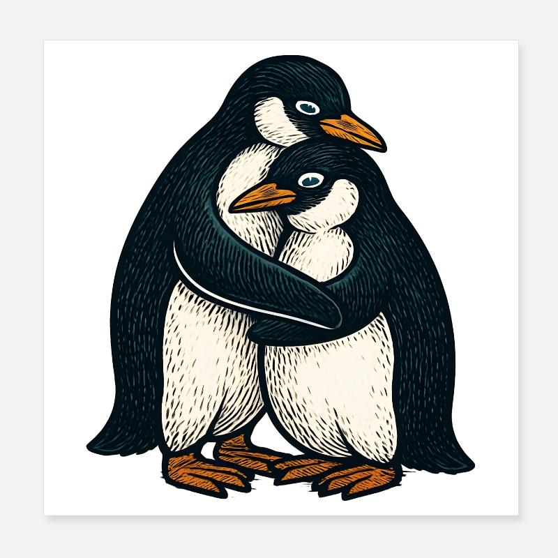 Penguin couple cuddle time Poster 8" x 8" (20x20 cm)