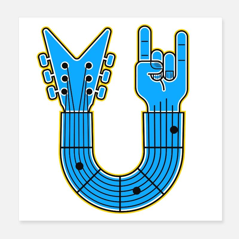 Blue U-Shape Guitar with Rock Hand Poster 8" x 8" (20x20 cm)