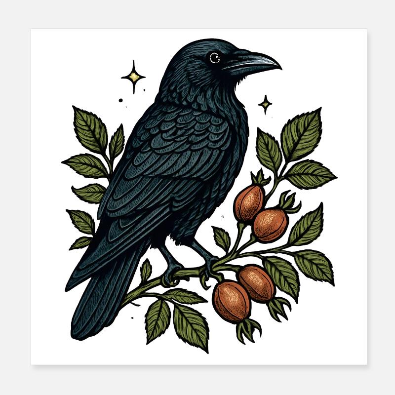 Night crow on berry vine Poster 8" x 8" (20x20 cm)