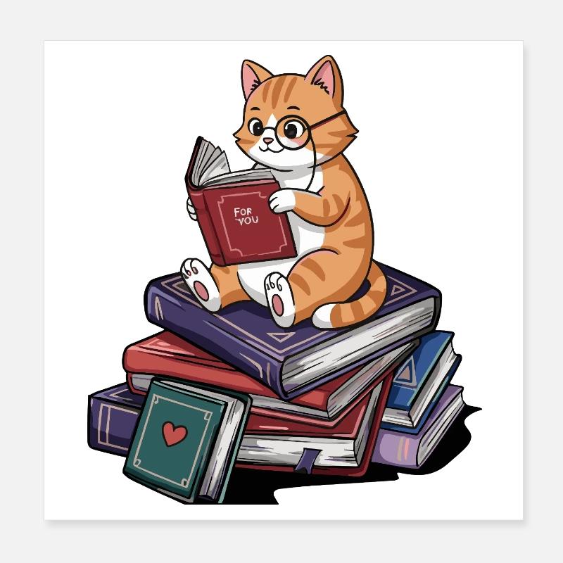 Bookworm Cat Kitten Reading Books Art Poster 8" x 8" (20x20 cm)