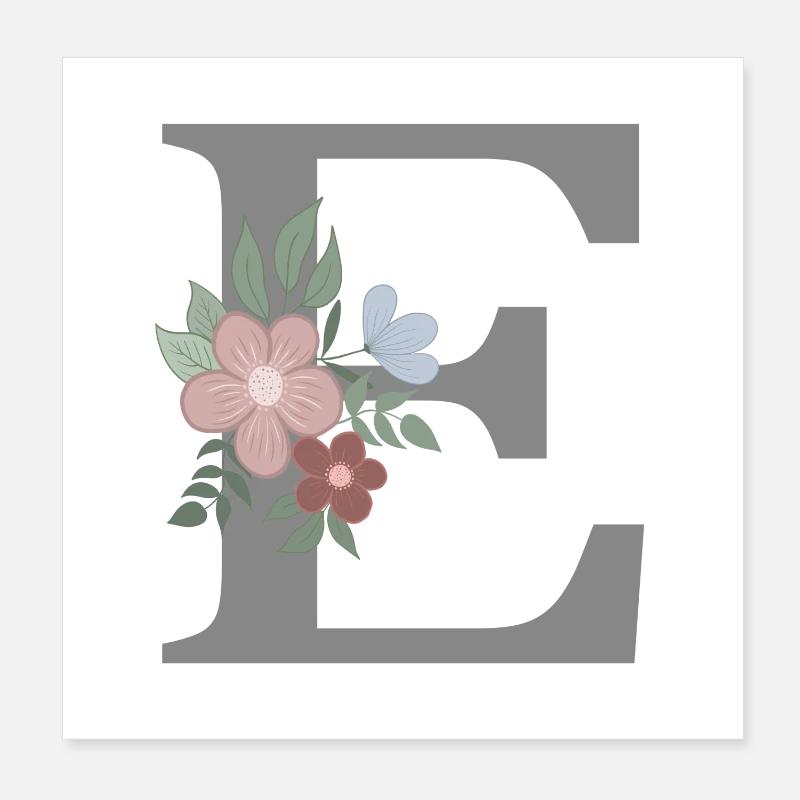 Letter E with flower grey Poster 8" x 8" (20x20 cm)