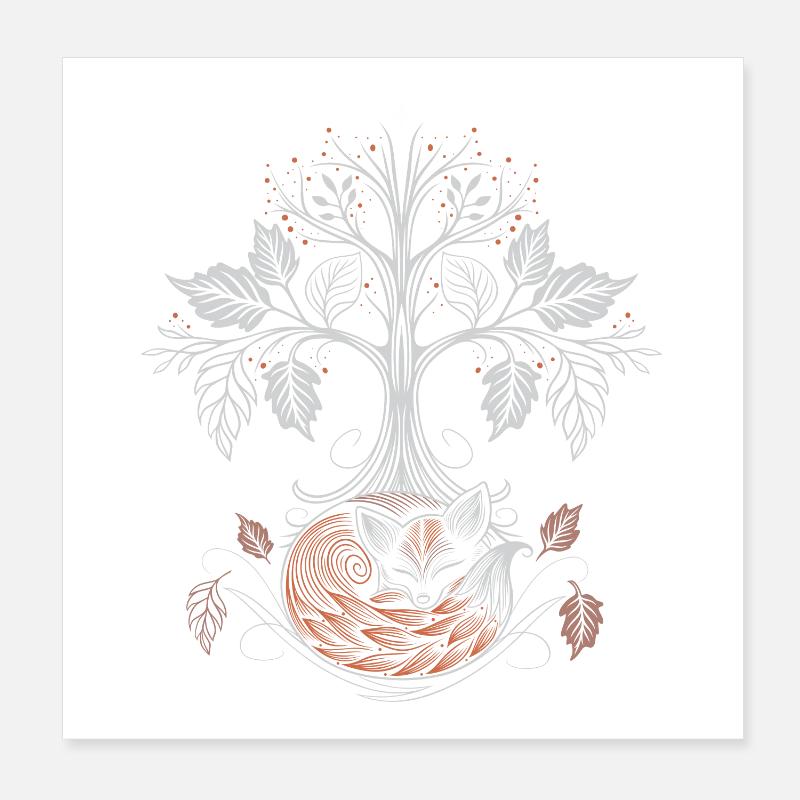 Schlafender Fuchs unter Lebensbaum - Herbstnacht Poster 20x20 cm